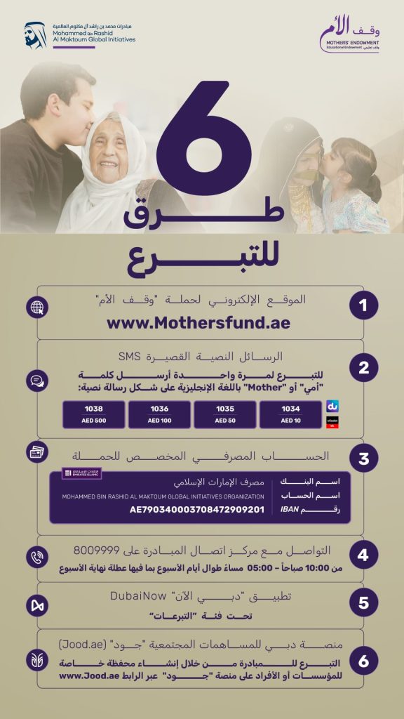 حملة “وقف الأم” تخصص 6 قنوات ميسرة لاستقبال تبرعات الأفراد والمؤسسات